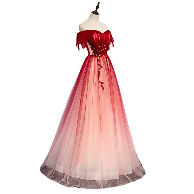 Women's Long Fairy Starry Sky Gradient Red Tube Top Dress