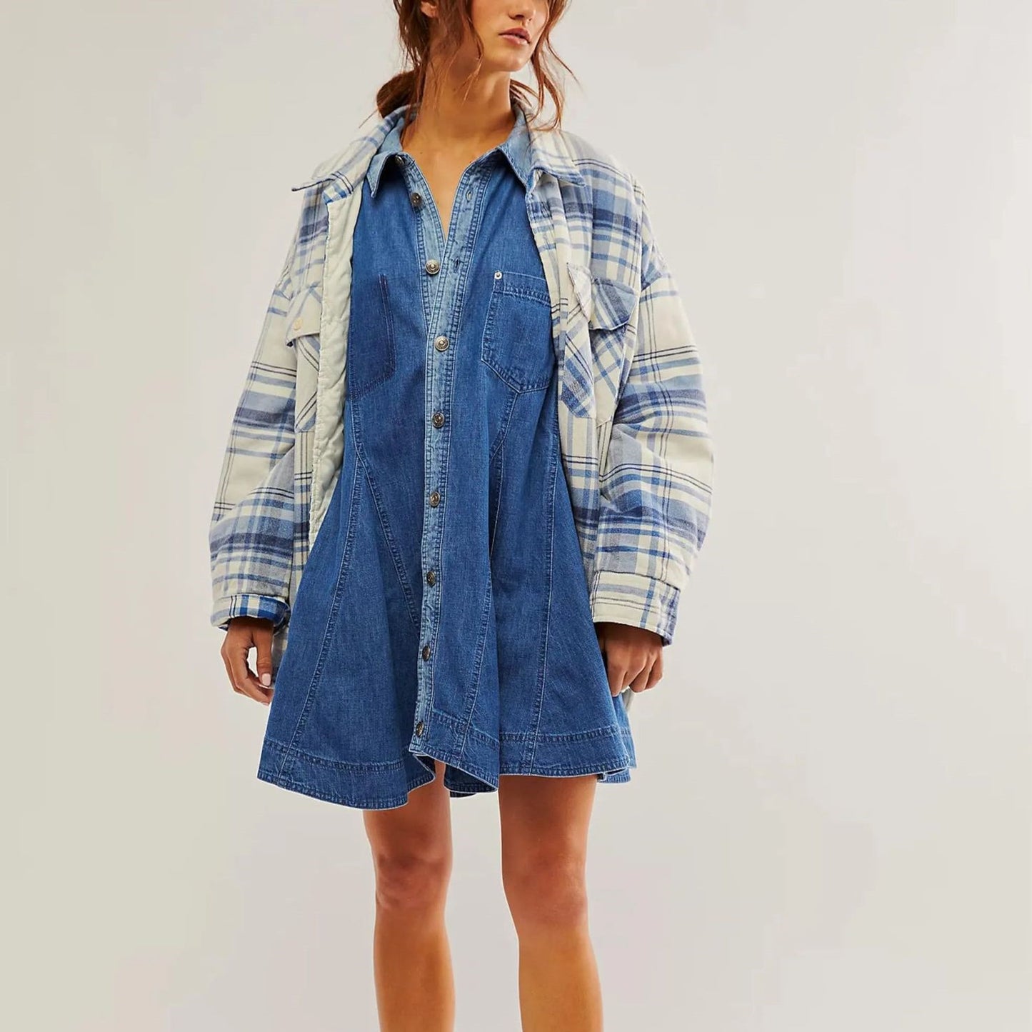 Women's Long Lantern Sleeve Button Denim Dress