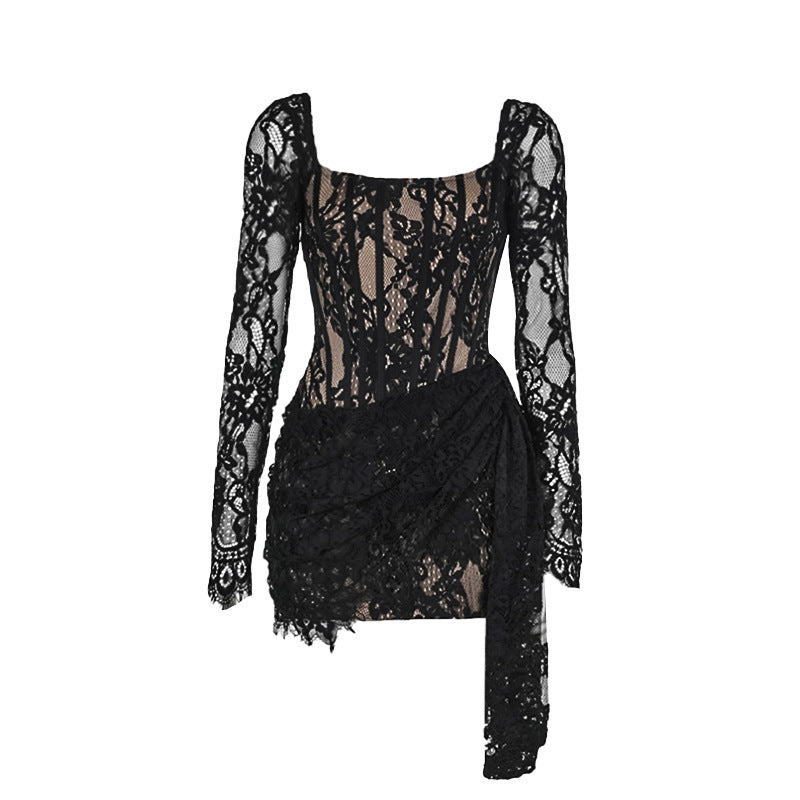 Lace Waist-tight Streamer Long Sleeve Dress Women