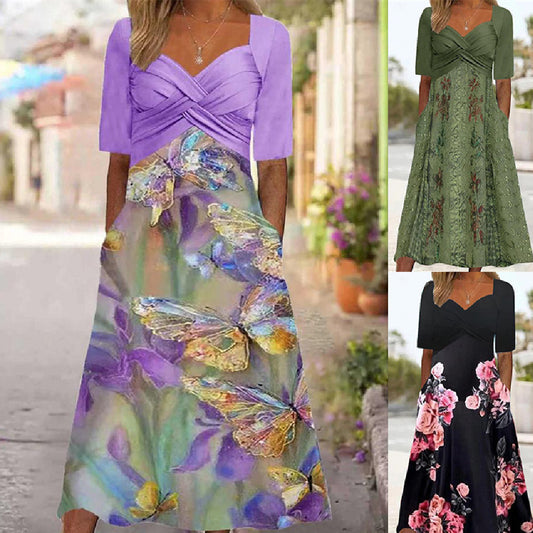 Women's Fashionable Elegant Butterfly Print Midi Dress