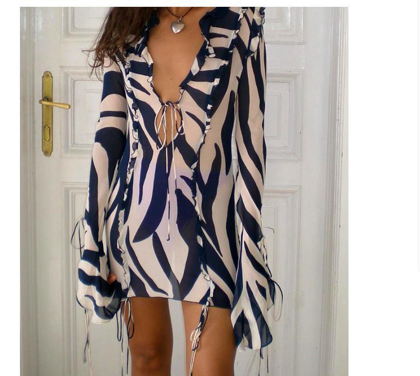 Printed Long-sleeved Peplum Zebra Print Sheath Lace-up See-through Dress