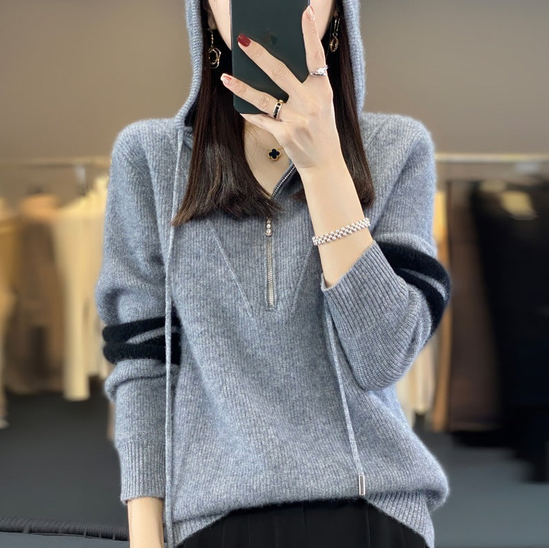 Hooded Zipper Thickening Knitwear Women's Color Matching Sweater