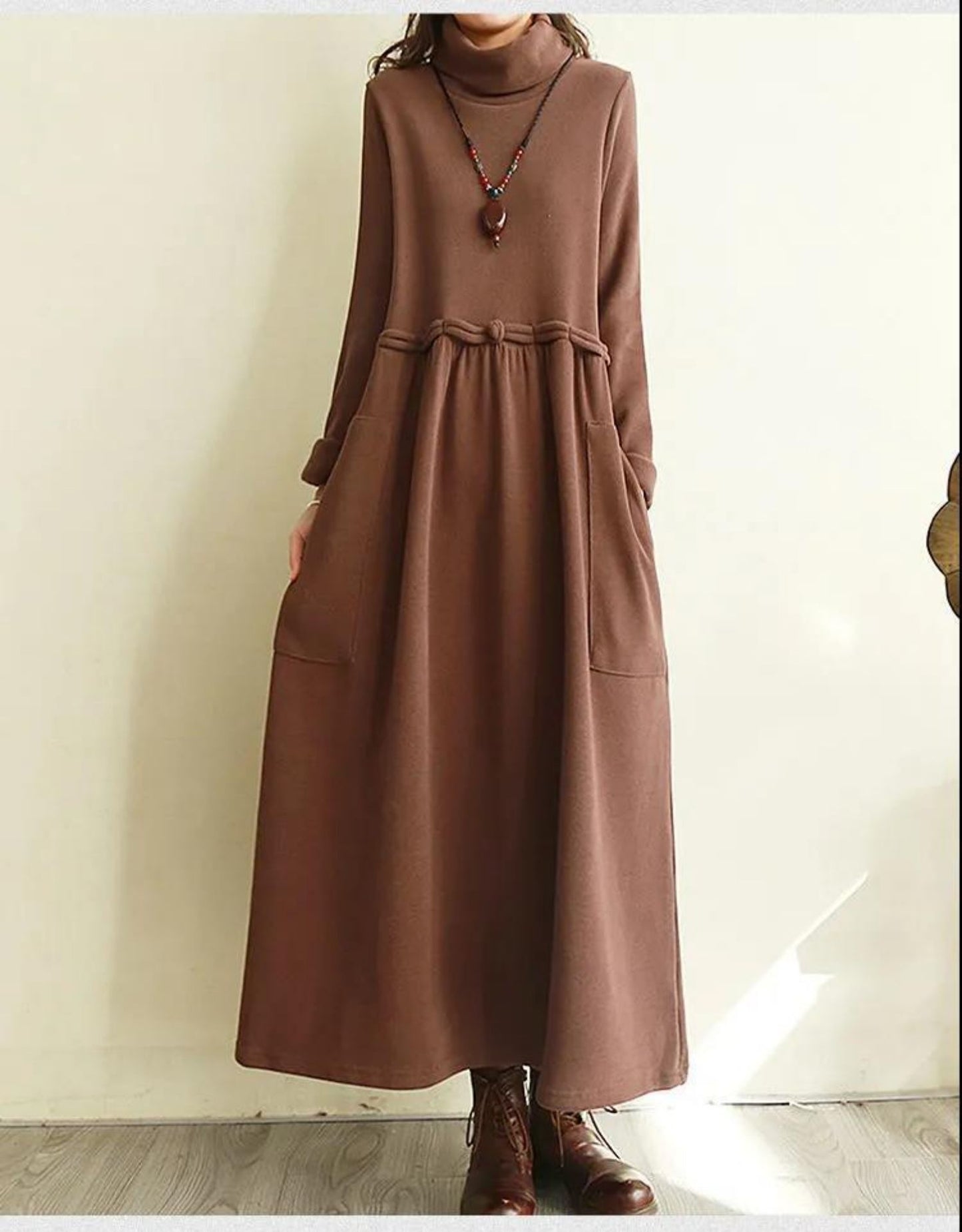 Retro Below The Knee Long Skirt Plus Size Loose High Collar Velvet Padded Dress