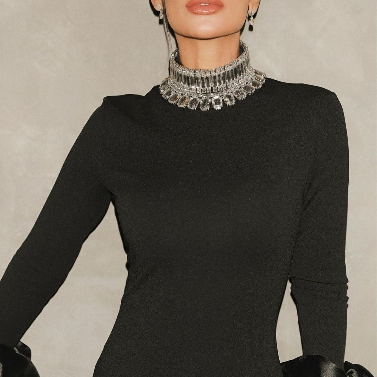 Bell Sleeve Rhinestone Collar Black Dress Fashion Elegant