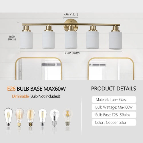 5 Lamps Gold Bathroom Vanity Lamp, Frosted Glass Shade, Modern Wall Mounted Lighting - No Bulbs Unavailable Platforms- Temu