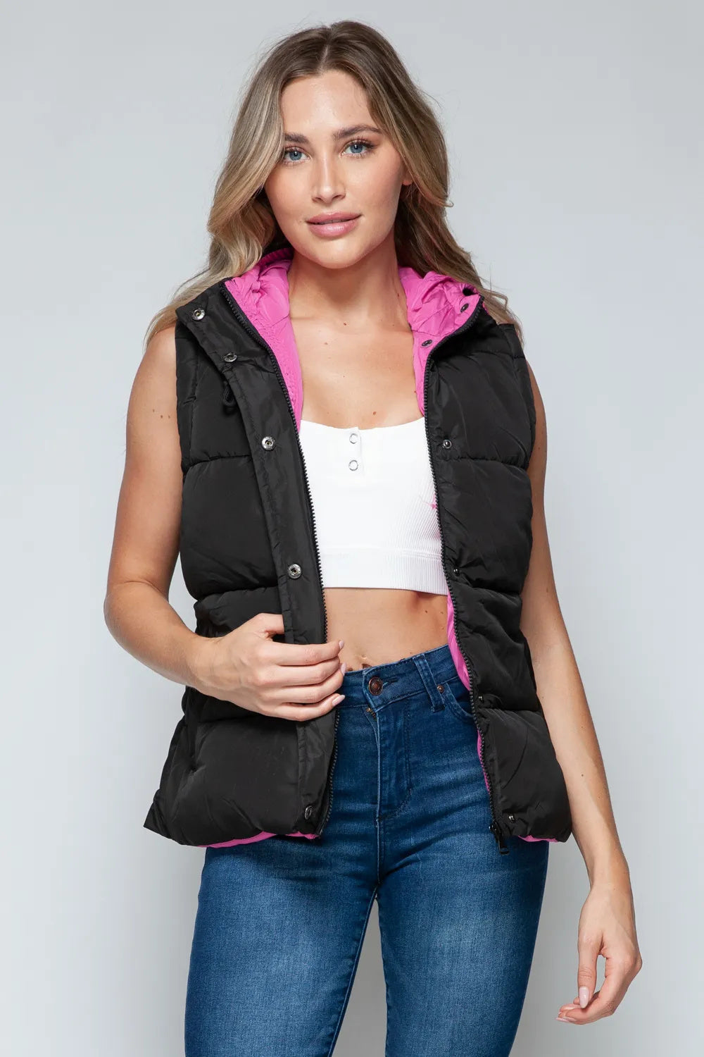 Snobbish Snap And Zip Closure Hooded Vest