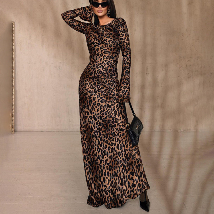 Round Neck Leopard Print High Waist Slim Fit Dress