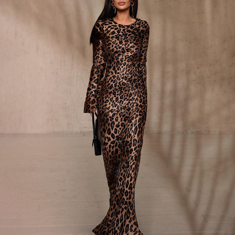 Round Neck Leopard Print High Waist Slim Fit Dress