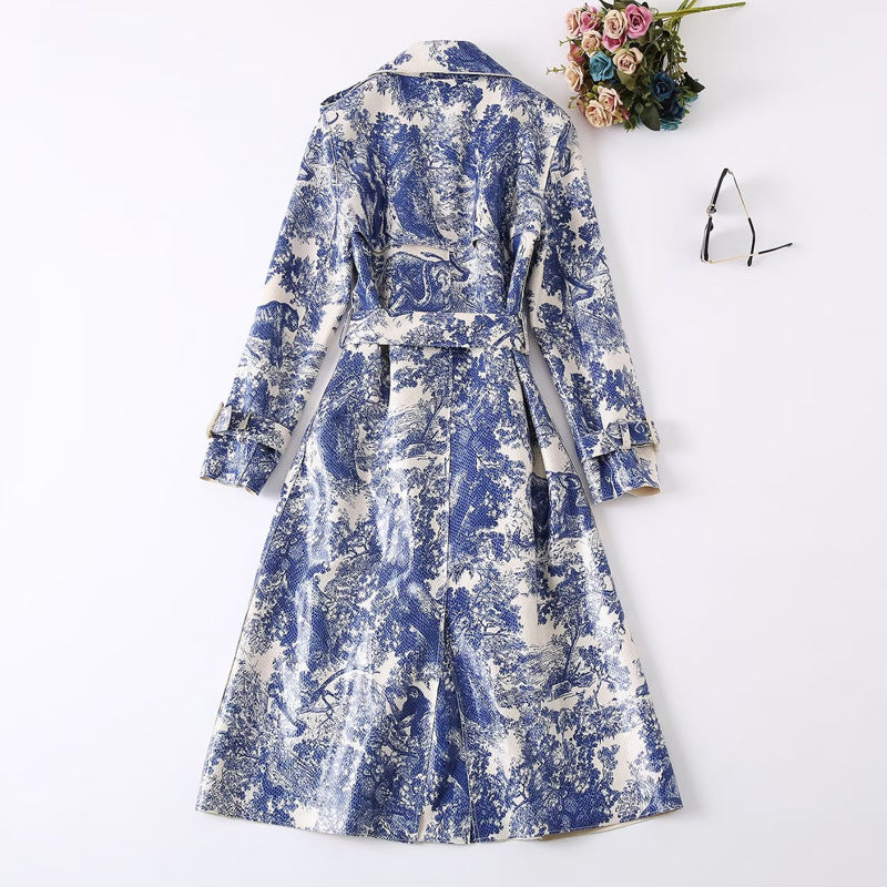 Retro Style Waist-controlled Lace-up Animal Print Long Sleeve Trench Coat