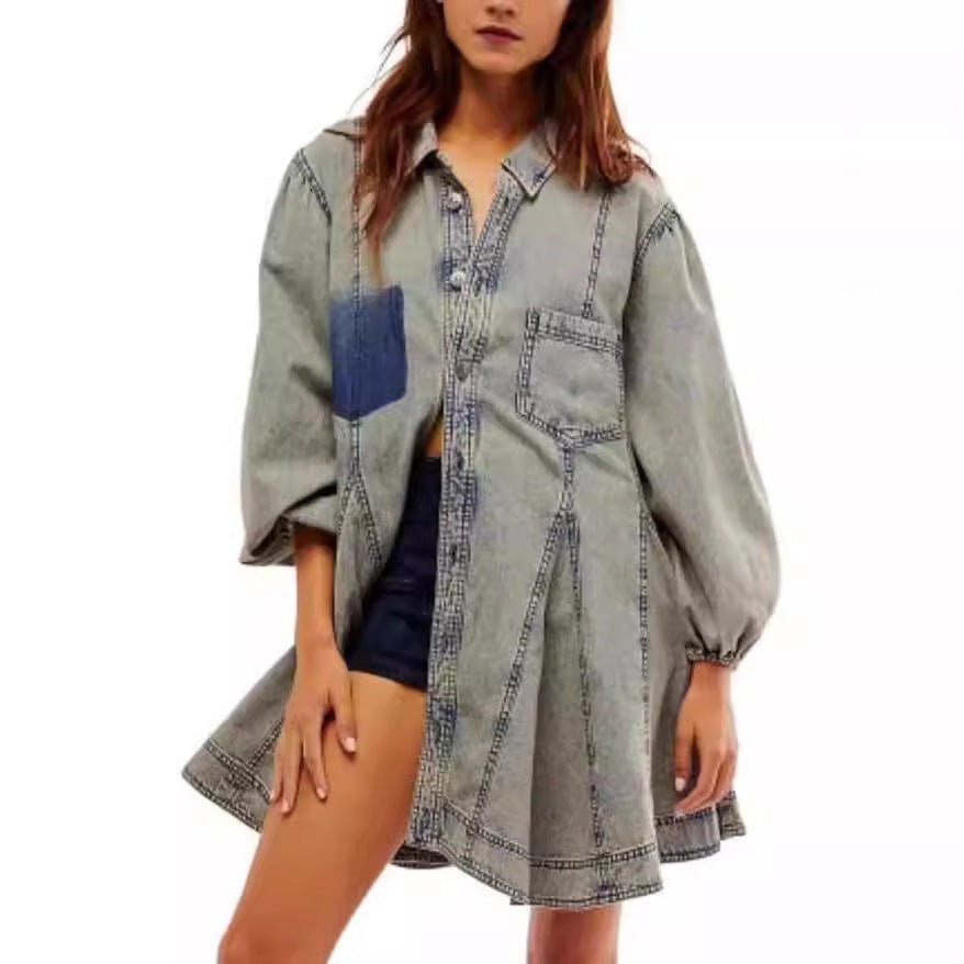 Women's Long Lantern Sleeve Button Denim Dress