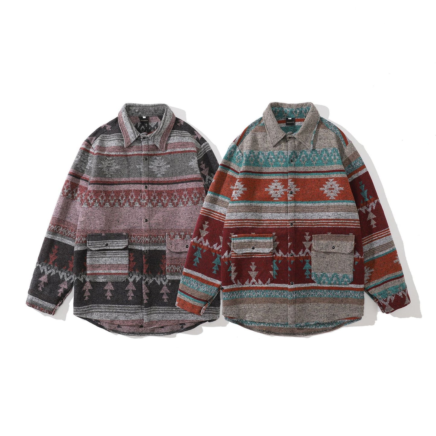 Men's Contrast Color Ethnic Loose Long Sleeve Woolen Shirt