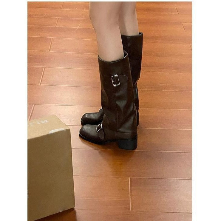 Retro Simple Brown Short Heel Pleated Knight Boots