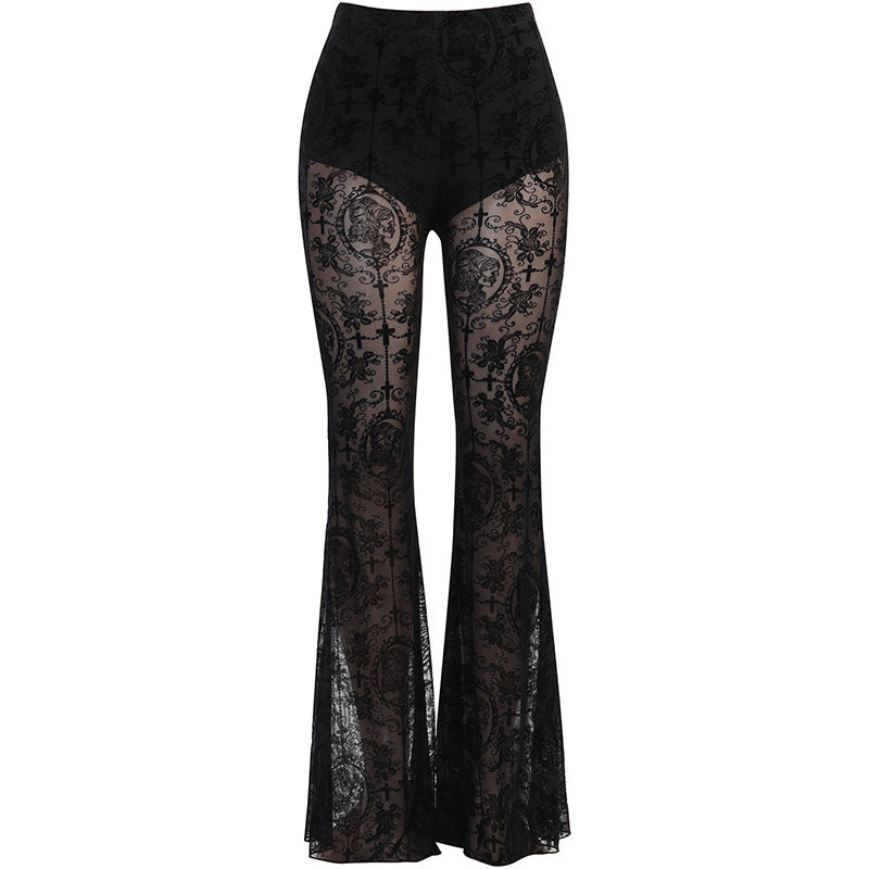 Lace See Through High Waisted Slim Flared Pants