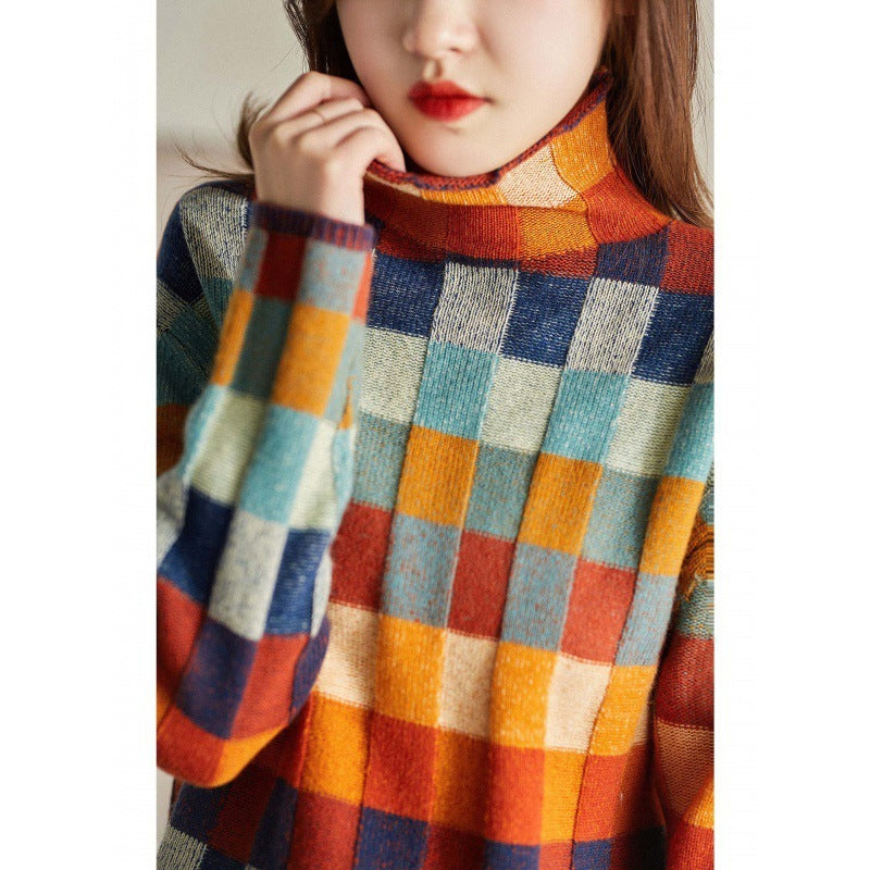 Gorgeous Colorful Chessboard Plaid Sweater Turtleneck Comfortable