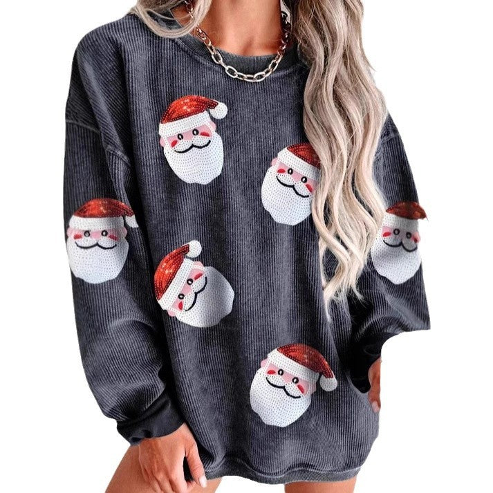 Round Neck Santa Claus Floral Print Long Sleeve Pullover