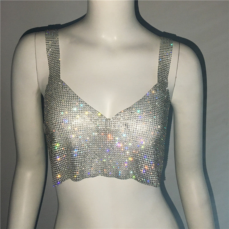 Deep V Sexy Rhinestone Metal Camisole Split Short Top