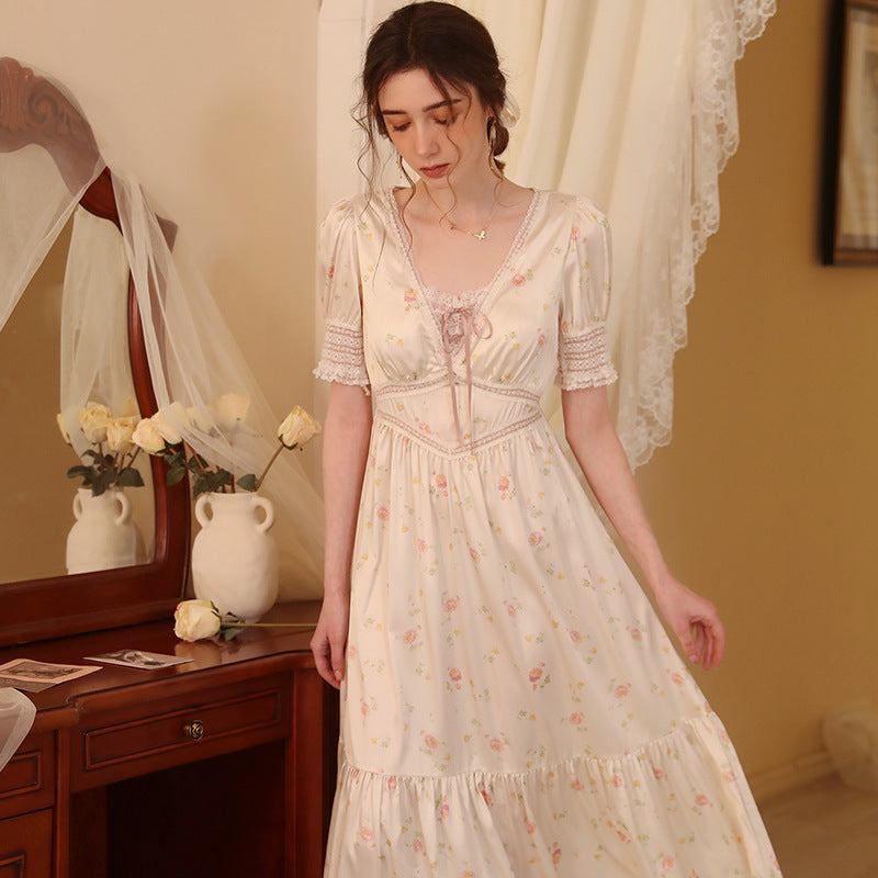 Women's Fashion Vintage Court Style Long Knee-length Printed Nightgown