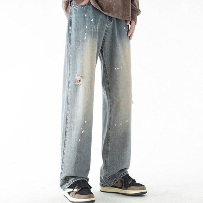 Water Washed Hole Jeans Men's Straight-leg Trousers