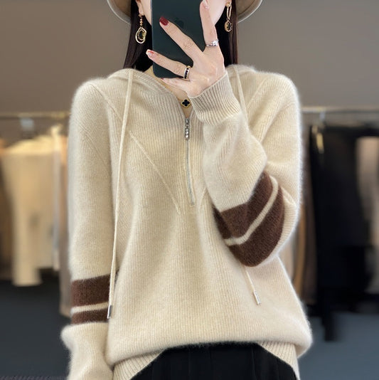 Hooded Zipper Thickening Knitwear Women's Color Matching Sweater