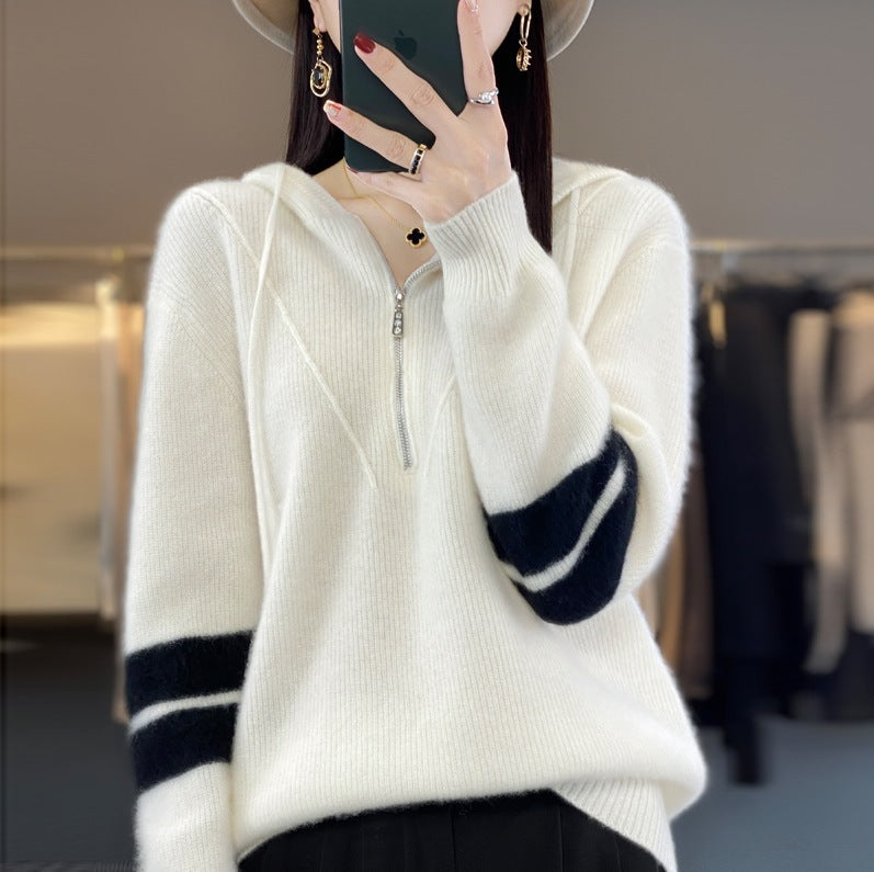 Hooded Zipper Thickening Knitwear Women's Color Matching Sweater