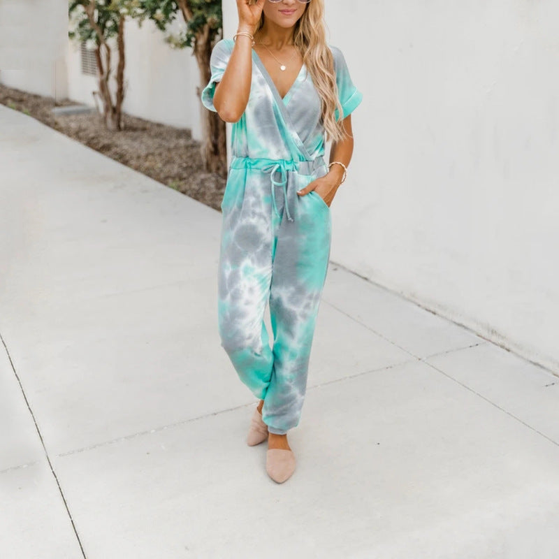 Tie-Dye Printed V-Neck Short-Sleeved Casual Jumpsuit