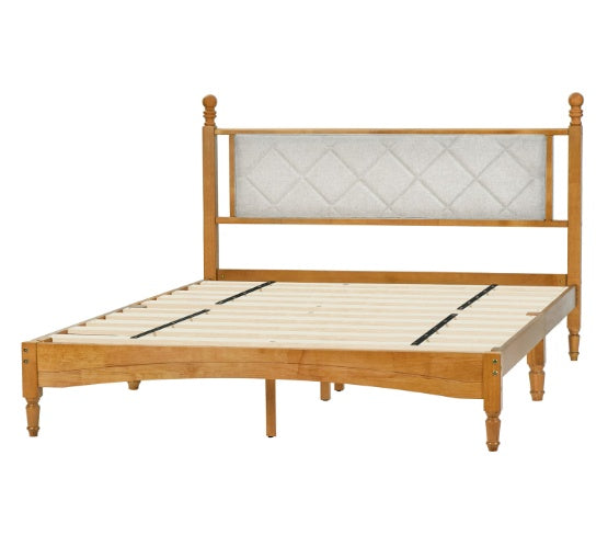 Wood Bed Frame With Fabric Upholstered Headboard