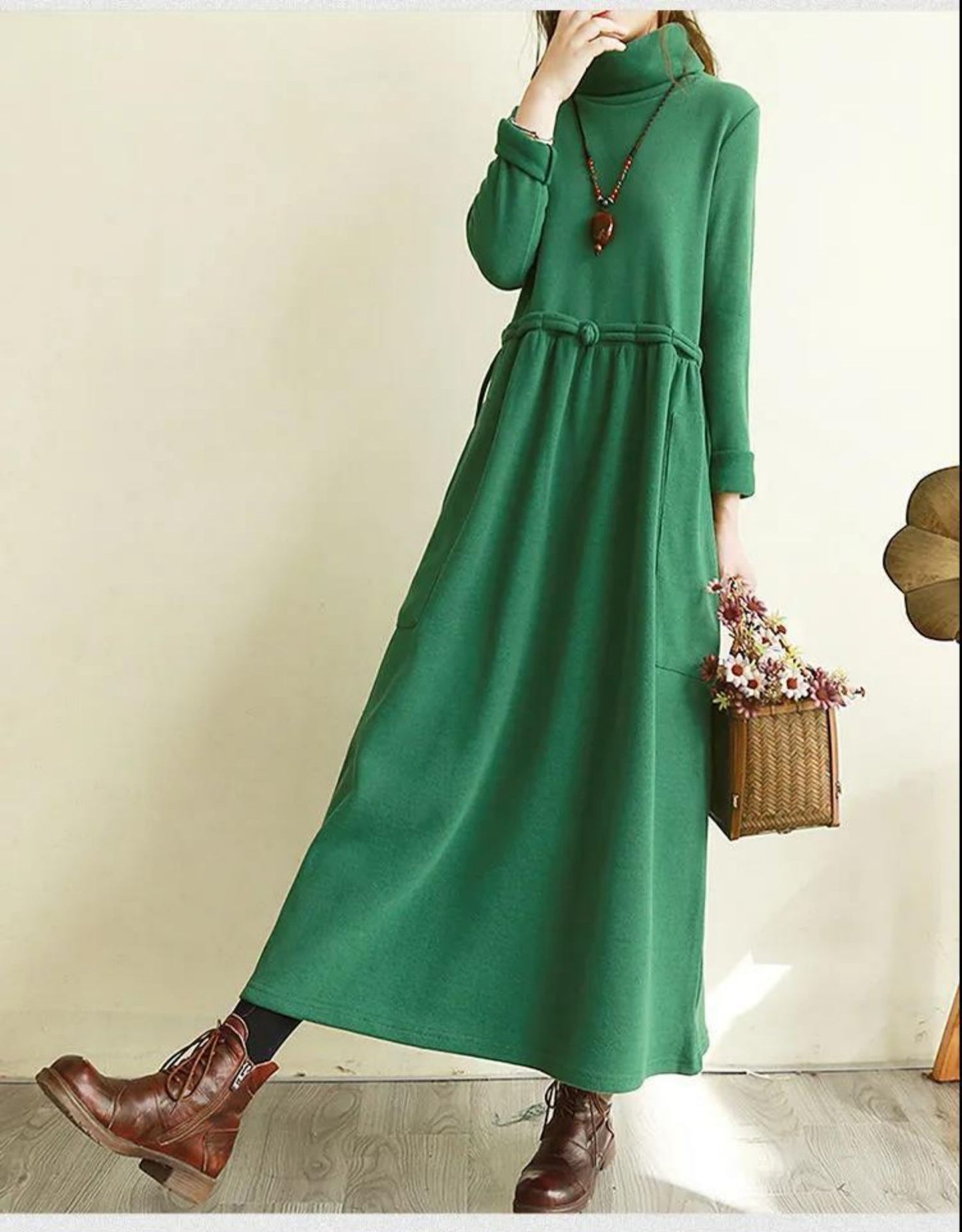 Retro Below The Knee Long Skirt Plus Size Loose High Collar Velvet Padded Dress