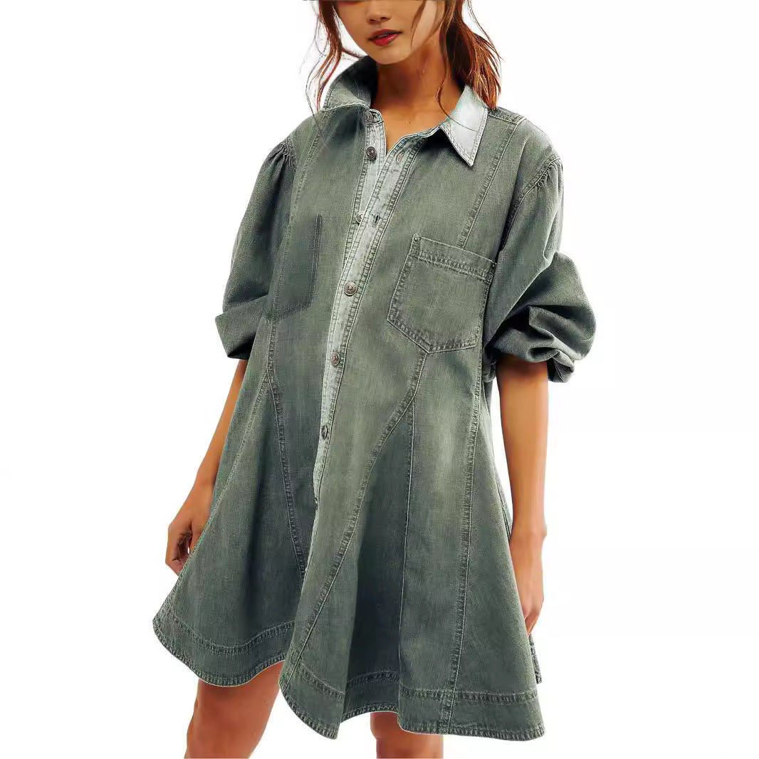 Women's Long Lantern Sleeve Button Denim Dress