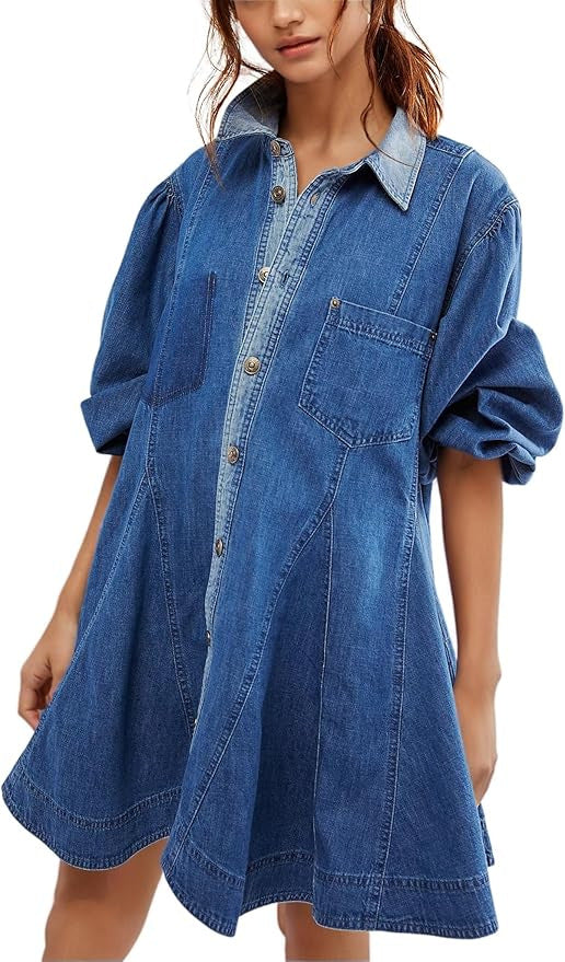 Women's Long Lantern Sleeve Button Denim Dress