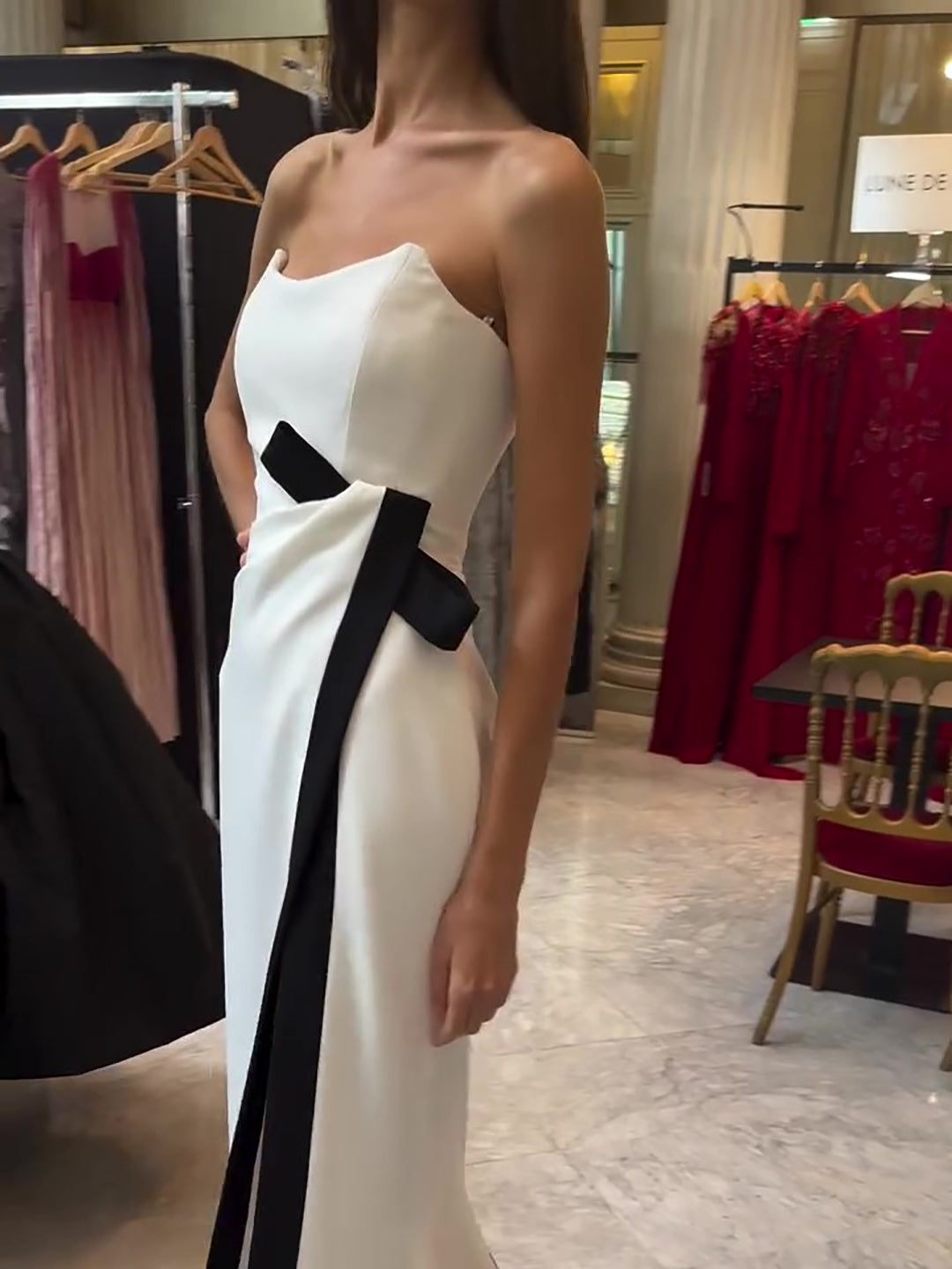 Strapless Black And White Contrasting Slit Dress