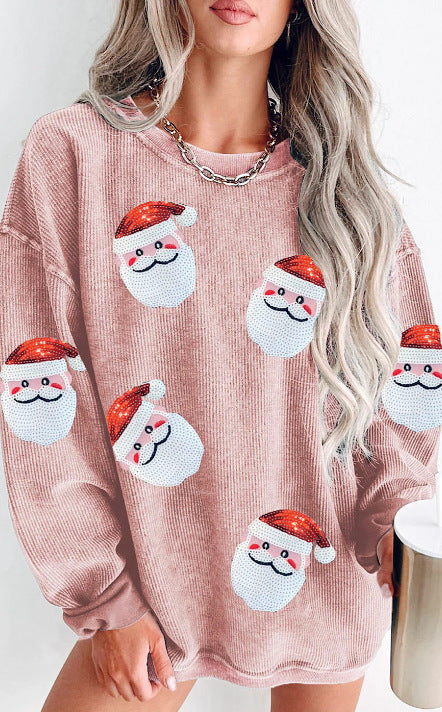 Round Neck Santa Claus Floral Print Long Sleeve Pullover