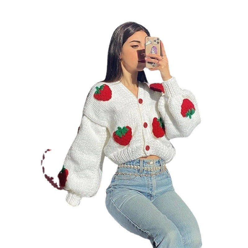 Female Cute Strawberry Loose V-neck Cardigan Sweater