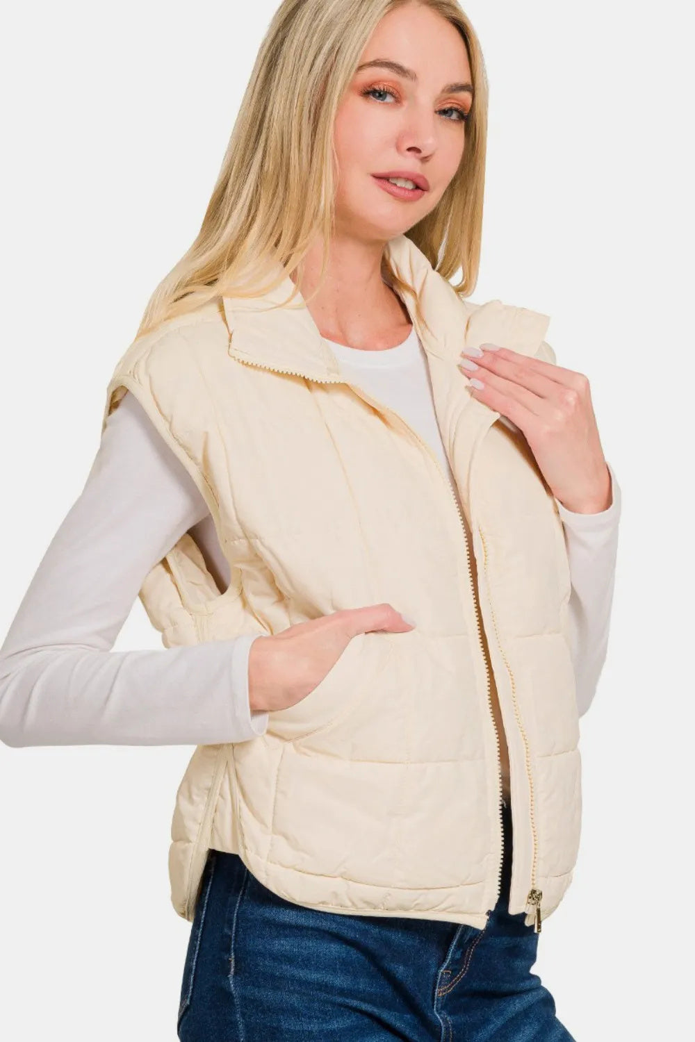 Zenana Zip Up Cropped Puffer Vest With Pockets