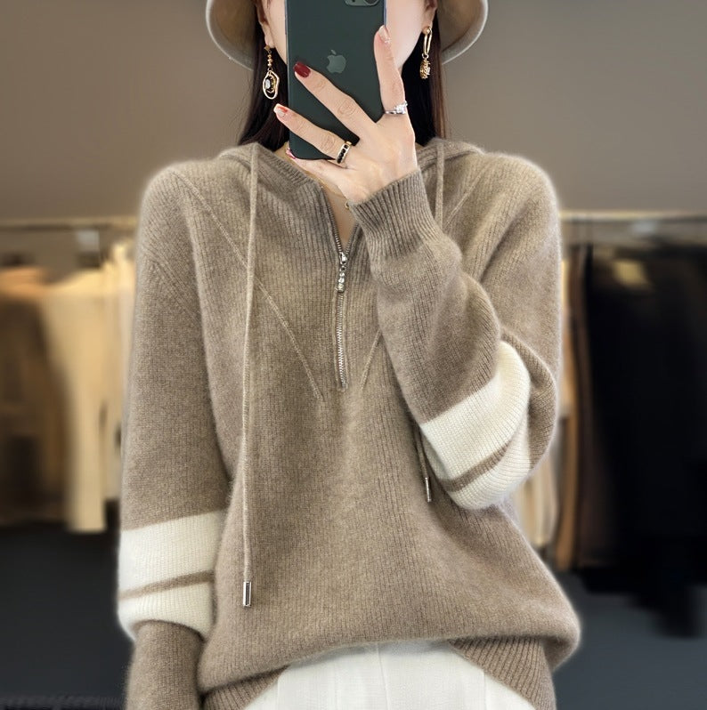 Hooded Zipper Thickening Knitwear Women's Color Matching Sweater