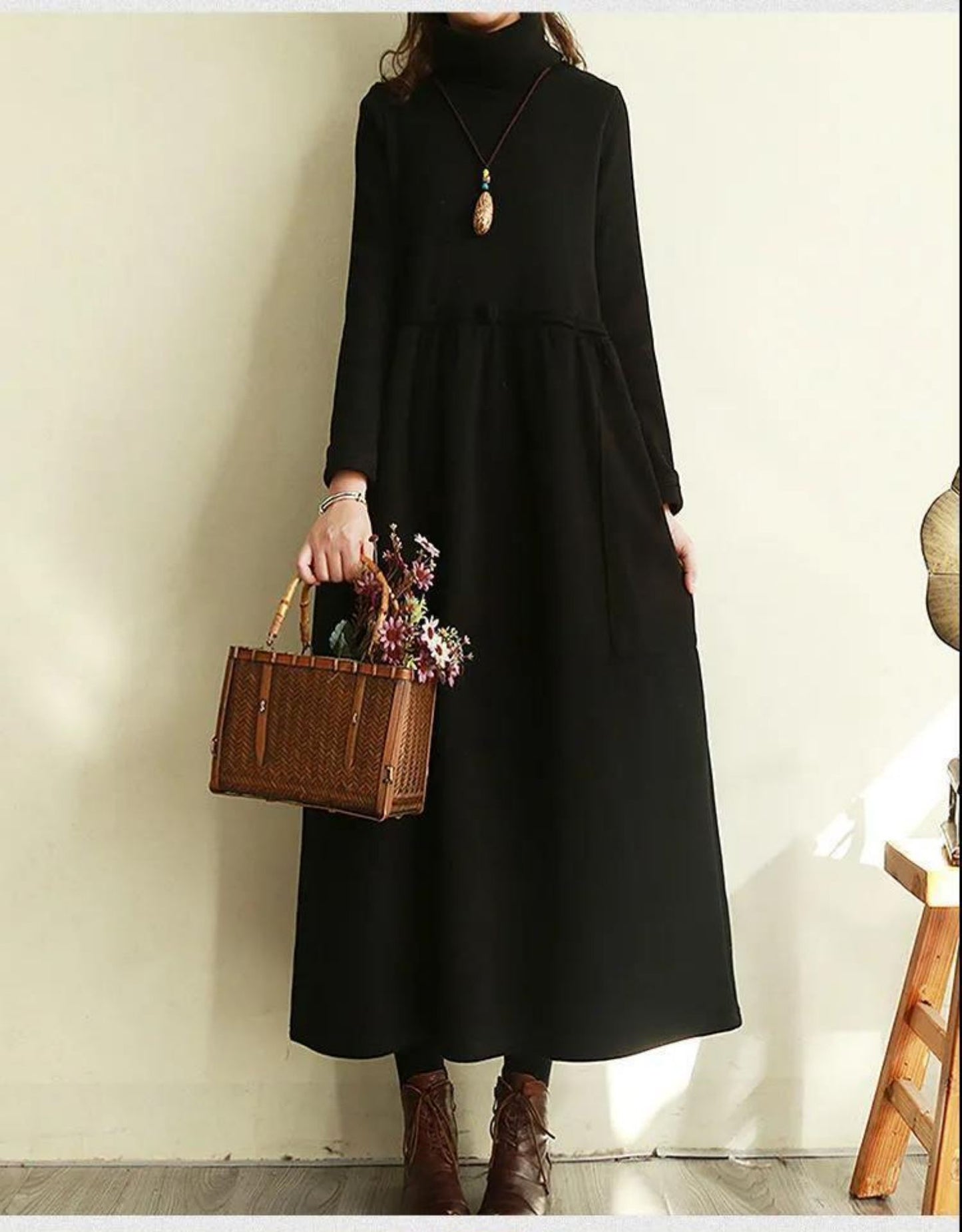 Retro Below The Knee Long Skirt Plus Size Loose High Collar Velvet Padded Dress