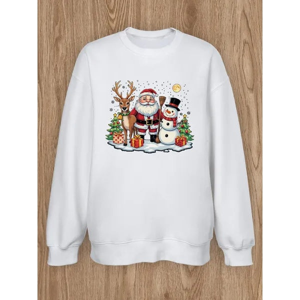 Women Basic Casual Pullover Spring Autumn Long Sleeve Elk With Santa Claus Printed Round Neck