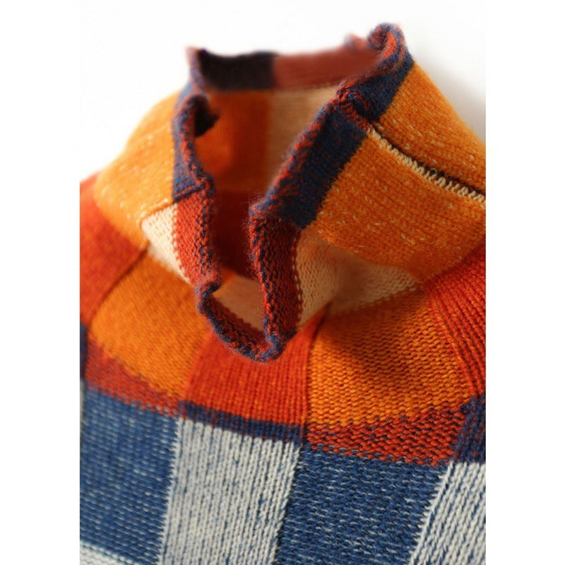 Gorgeous Colorful Chessboard Plaid Sweater Turtleneck Comfortable