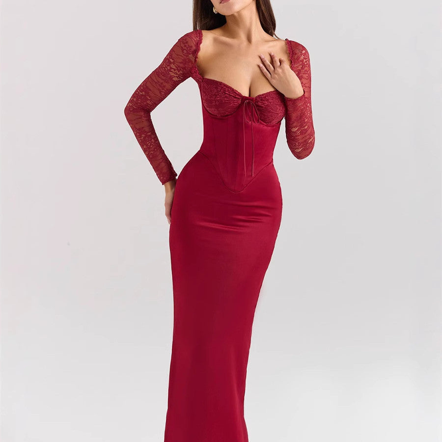 Wine Red Lace Stitching Tied Long Sleeves Dress