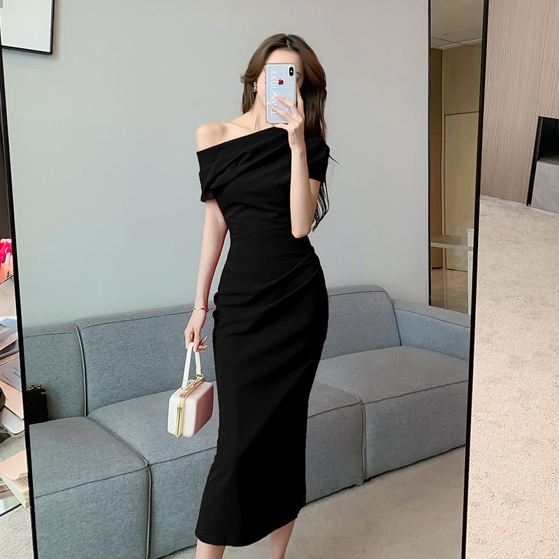 French Style Temperament Sexy Off-the-shoulder Diagonal Collar Dress Women