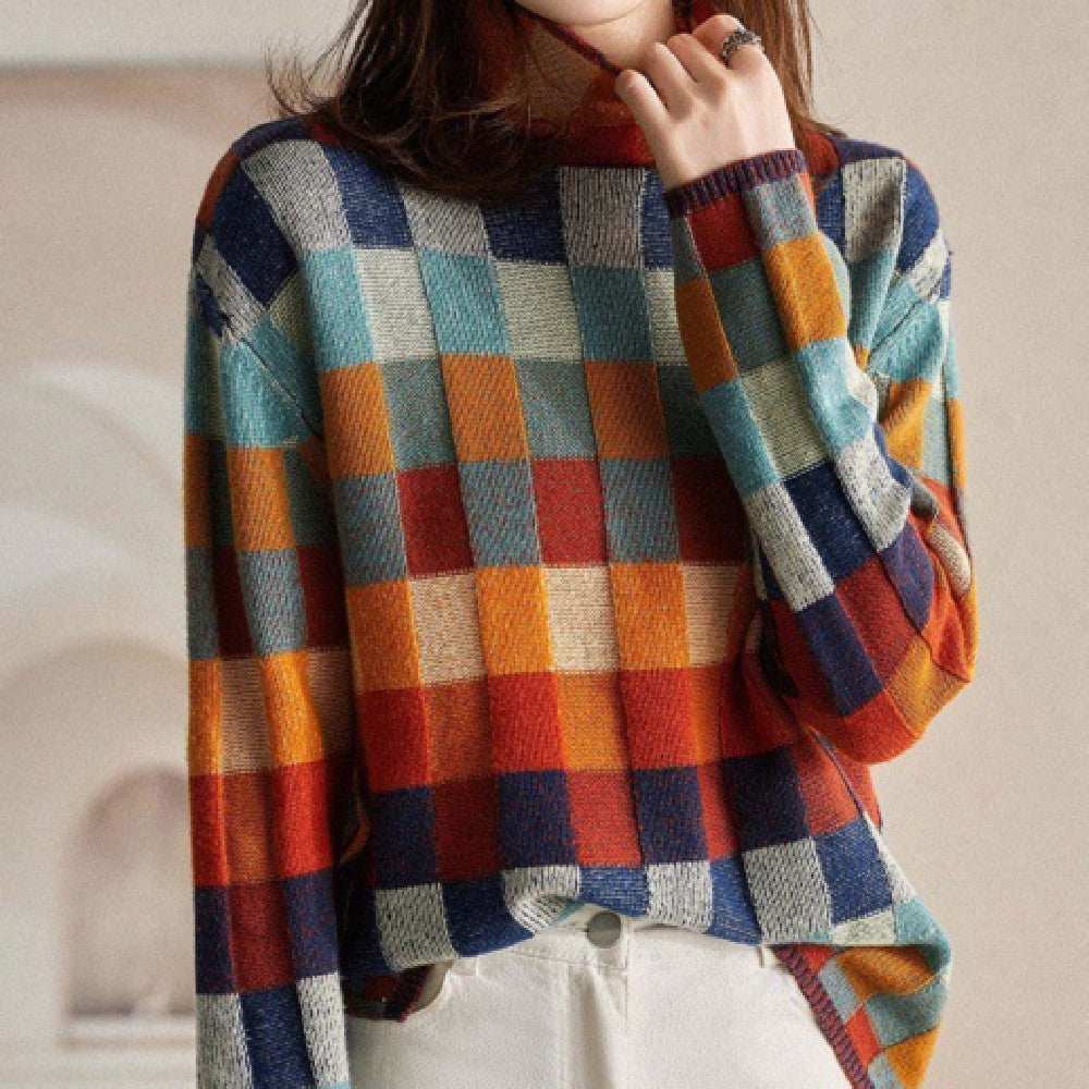 Gorgeous Colorful Chessboard Plaid Sweater Turtleneck Comfortable