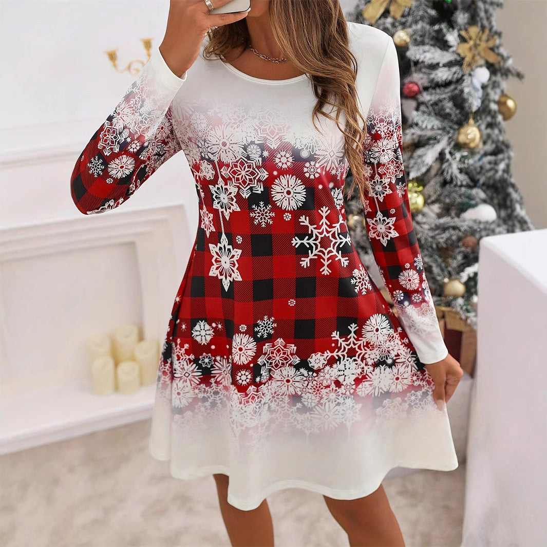 Christmas Snowflake Plaid Mini Women's Clothing Long Sleeve Skirt