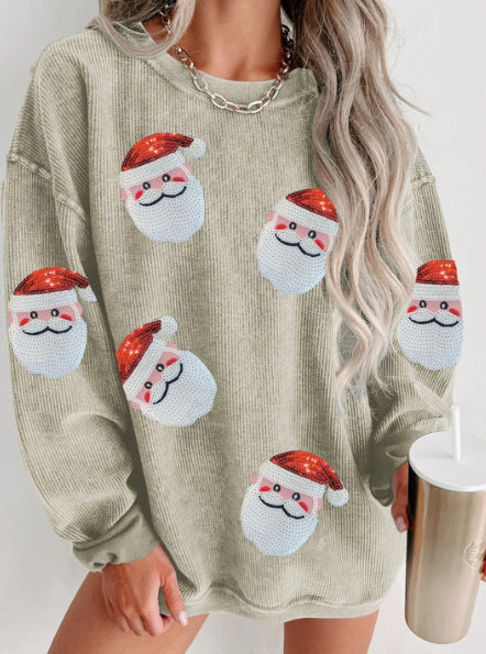 Round Neck Santa Claus Floral Print Long Sleeve Pullover