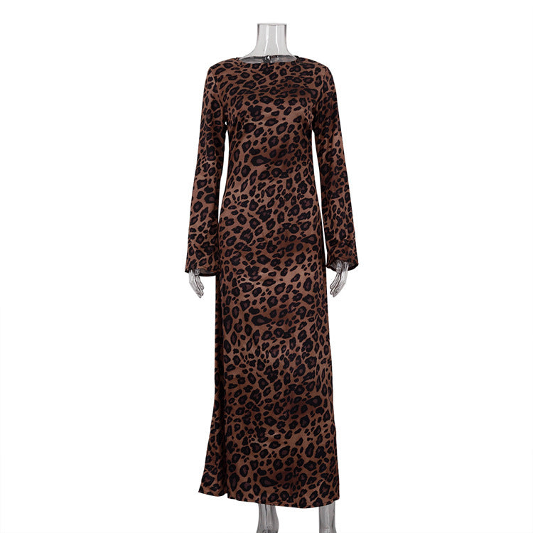 Round Neck Leopard Print High Waist Slim Fit Dress