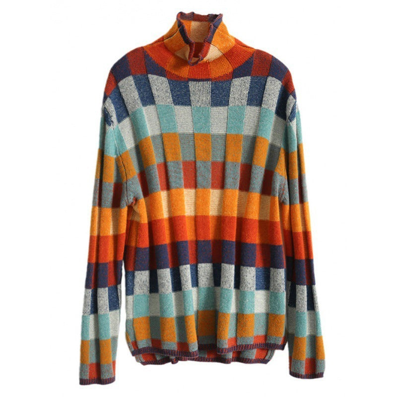 Gorgeous Colorful Chessboard Plaid Sweater Turtleneck Comfortable