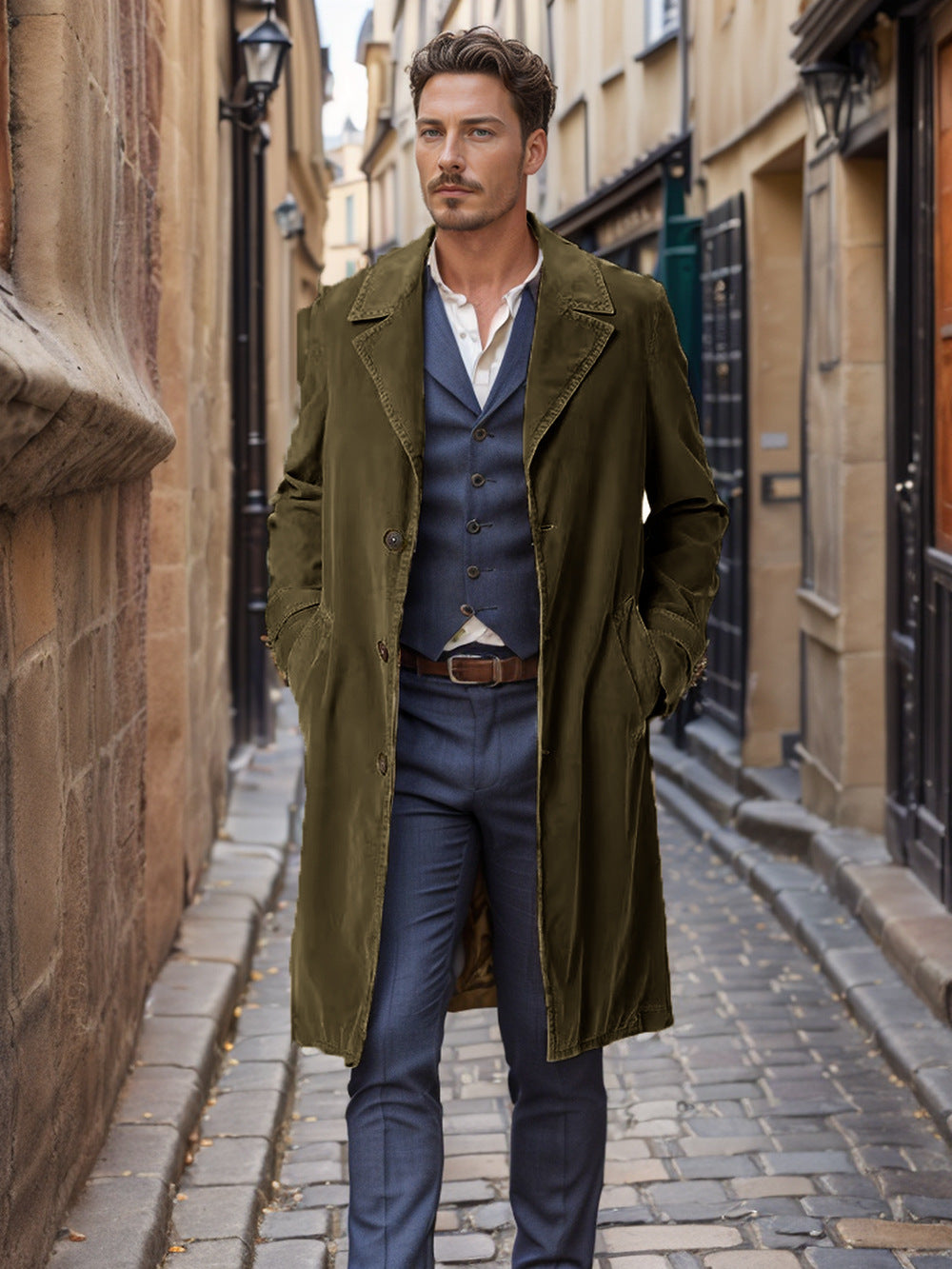 Men's Trench Coat Corduroy Mid-length Single-breasted