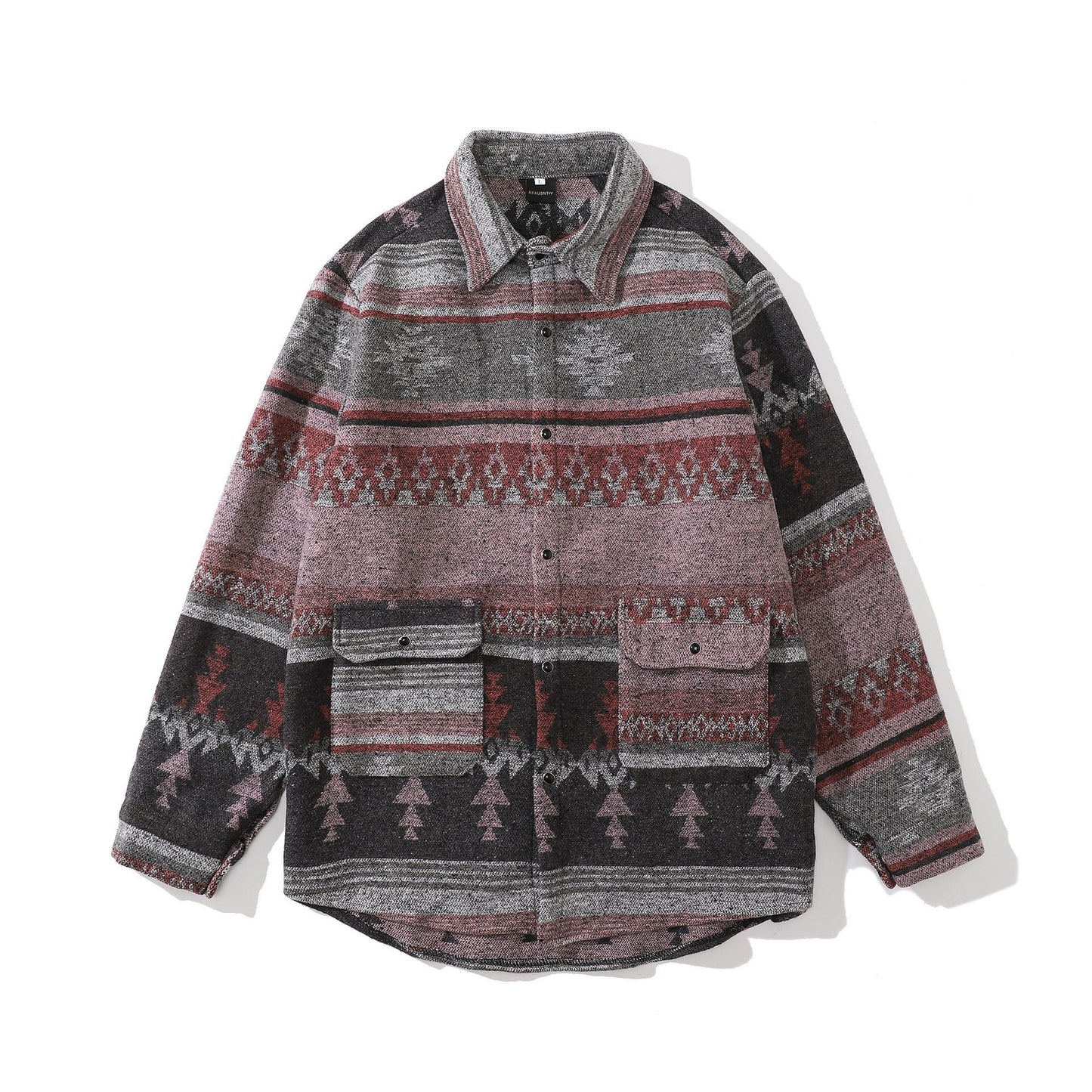 Men's Contrast Color Ethnic Loose Long Sleeve Woolen Shirt