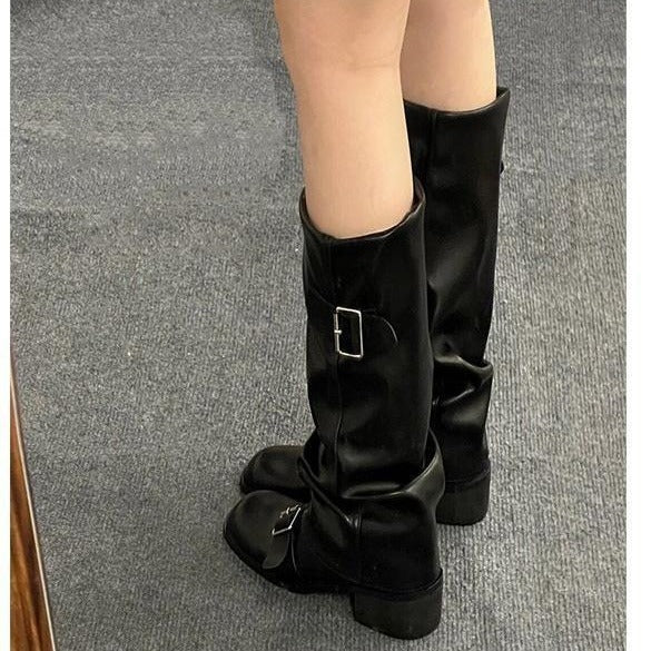 Retro Simple Brown Short Heel Pleated Knight Boots