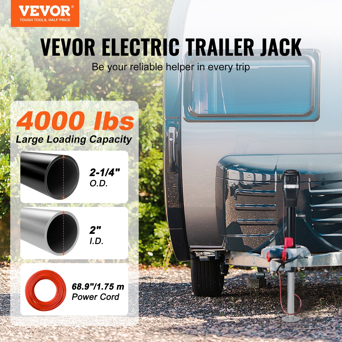 VEVOR Electric Trailer Jack, Power Tongue Jack Weight Capacity 4000 Lbs, Electric Tongue Jack With Waterproof Cover For Lifting RV Trailer, Horse Trailer, Utility Trailer, Yacht Trailer