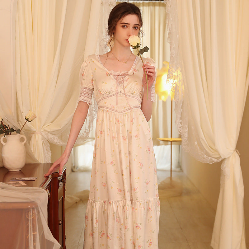 Women's Fashion Vintage Court Style Long Knee-length Printed Nightgown