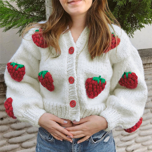 Female Cute Strawberry Loose V-neck Cardigan Sweater